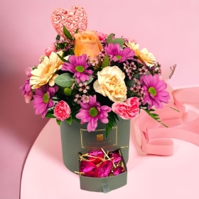 LOCAL Mothers Day Round Grey Box Arrangement with Pink Heart Chocolates 