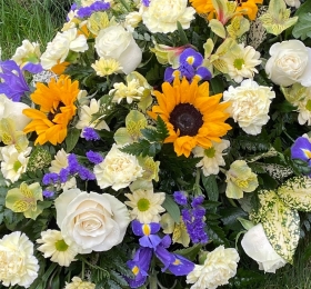 LOCAL Country Sunflower, Yellow Rose and Blue Coffin Spray 