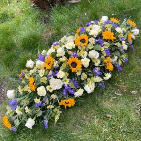LOCAL Country Sunflower, Yellow Rose and Blue Coffin Spray 
