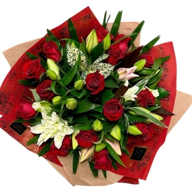 Local Luxury Red Rose & Lily Hand-tied Bouquet 