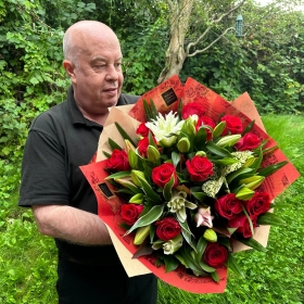Local Luxury Red Rose & Lily Hand-tied Bouquet 