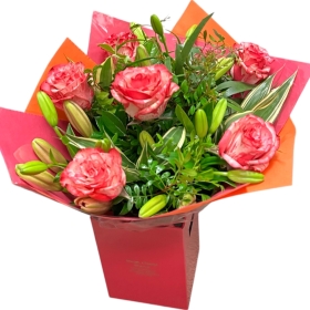 Local Magic Roses and Pink Asiatic Lily None Scented Hand-tied 