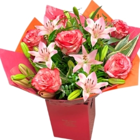 Local Magic Roses and Pink Asiatic Lily None Scented Hand-tied 