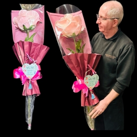 LOCAL Mothers Day Large Silk Pink Rose and Wooden Heart 