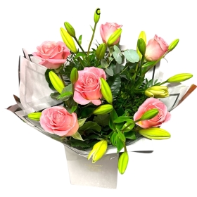 Local Pink Roses & White Asiatic None Scented Lily Hand-tied 