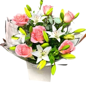 Local Pink Roses & White Asiatic None Scented Lily Hand-tied 