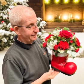 LOCAL Red Boot with Holly and  Fur Arrangement 