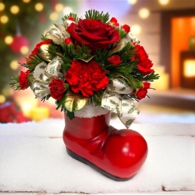 LOCAL Red Boot with Holly and  Fur Arrangement 