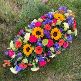 LOCAL Sunflower, Blue Iris , Orange and Cerise Pink Coffin Spray 