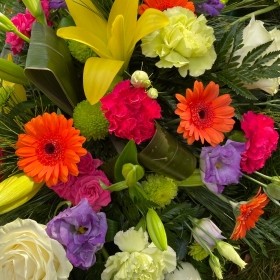 LOCAL Vibrant Cerise,Orange,Yellow ,White & Lilac Coffin Spray 