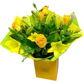 Local Yellow Roses and Yellow Asiatic Lily None Scented hand-tied 